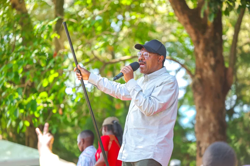 National Assembly speaker Moses Wetang’ula addressing supporters during a women’s empowerment drive at Jepkoyayi Grounds in Hamisi Constituency, Vihiga County on Friday/IMAGE/HILTON OTENYO