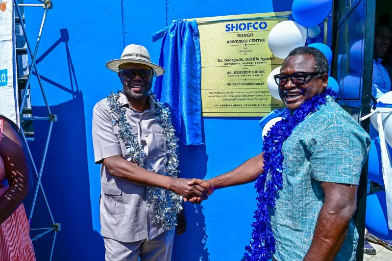 Migori Governor Ochillo Ayacko and SHOFCO CEO and Founder Dr. Kennedy Odede during the launch SHOFCO Rongo Community Centre./HANDOUT