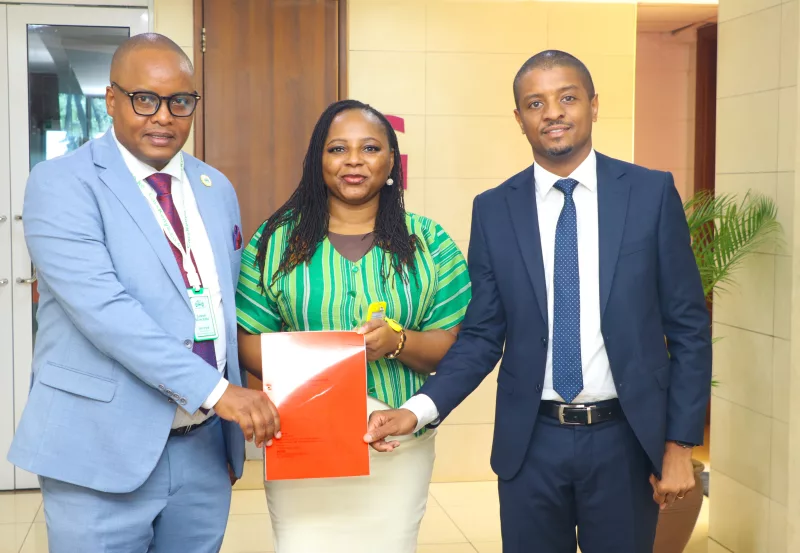 From left: Sammy Wanjema, Managing Director, Cars Kenya; Seyi Amao, Head of Brand, Marketing and Communications, Shekel Mobility; and Mr. Renato DeSouza, Business Banking Director, Absa Bank, during the signing of a car importation financing agreement at Absa Bank Headquarters in Westlan