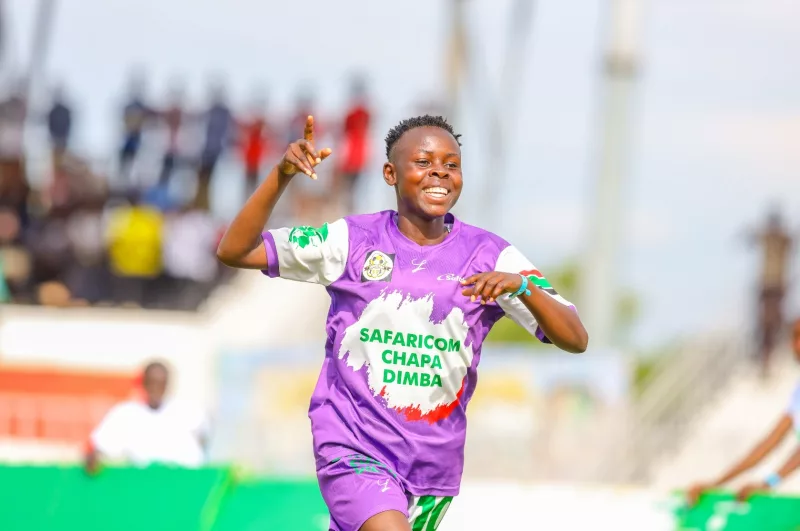 Calta Nasambu of Barcelona Ladies SC celebrates after scoring against Plateau Queens during the Season Four Safaricom Chapa Dimba National Finals held at Jomo Kenyatta Mamboleo Stadium in Kisumu.