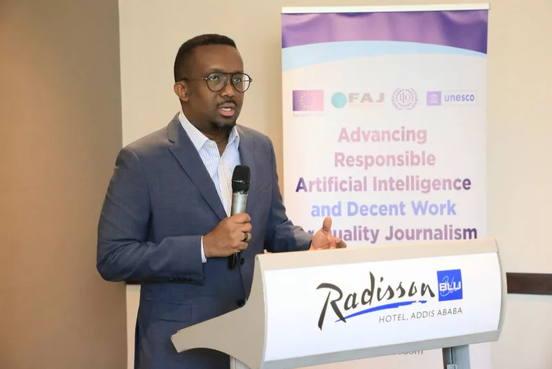 Federation of African Journalists (FAJ) President Faruk Osman addresses his colleagues and stakeholders at a continental dialogue meet held in Addis Ababa, Ethiopia on October 26, 2026./HANDOUT