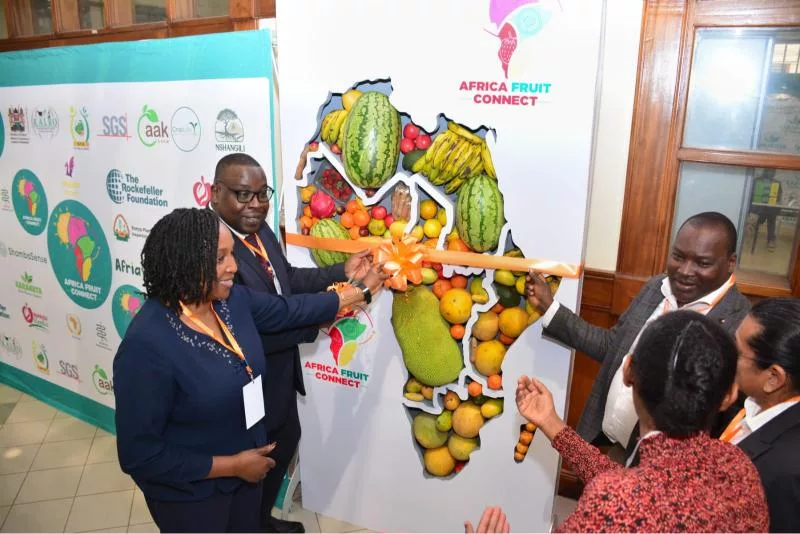 Dr Saliou Niassy, coordinator at the African Union Inter-African Phytosanitary Council (AU-IAPSC) and Dr Benjamin Kivuva, Director Crops Systems at Kenya Agricultural and Livestock Research Organization (KALRO) and other officials during the official opening of Africa Fruit Connect 2026 at the Oshwal Centre, Nairobi.