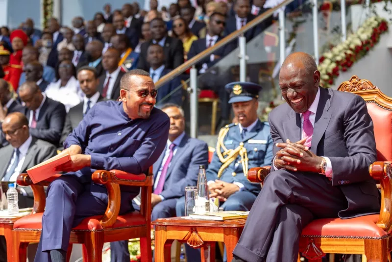 President William Ruto with Ethiopia Prime Minister Abiy Ahmed during Mashujaa Day celebrations at Kipchoge Keino stadium in Eldoret, October 20, 2026. /PCS