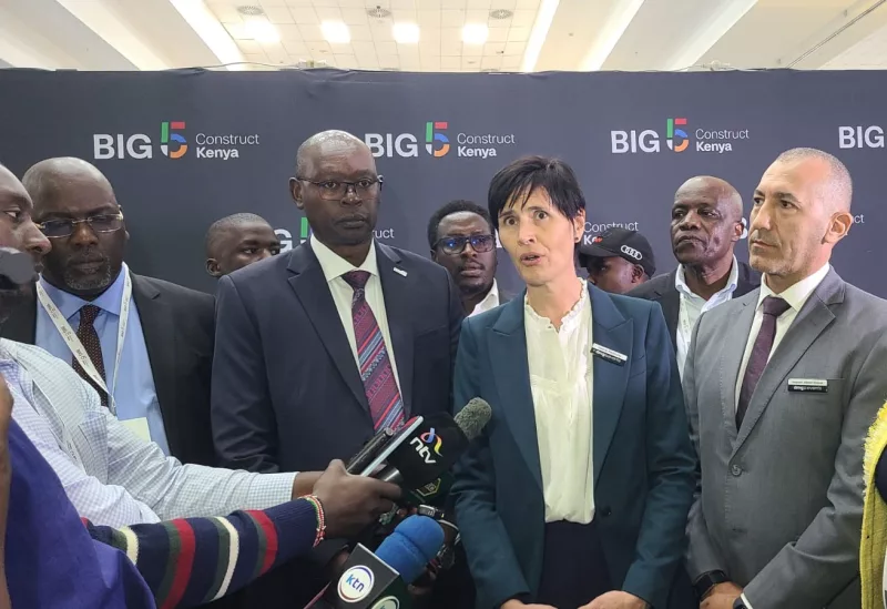 The Kenya National Chamber of Commerce and Industry president Eric Rutto with Senior vice-president at DMG Events Josine Heijmans during a briefing at the sidelines of the Big 5 Construction Expo happening in Nairobi