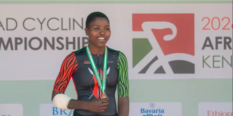 Mercy ‎Eragae on the podium after winning historic bronze at African Cycling Championships