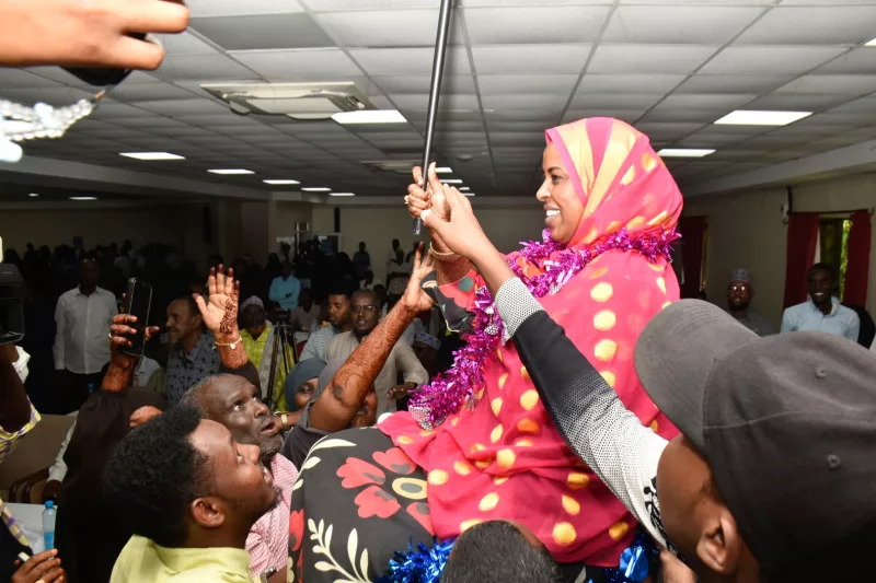 Woman Representative Shukran Gure aspirant  is lifted shoulder high by community members after her endorsement.