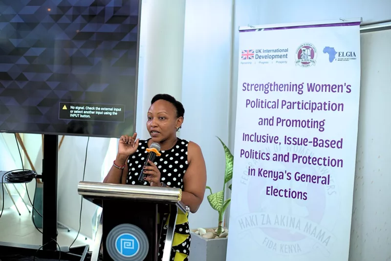 FIDA-Kenya Chairperson Christine Kungu speaking during a workshop in Mombasa on October 14, 2026.