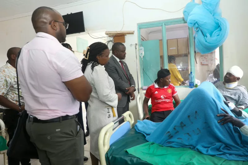 Makueni County Deputy Governor (DG) Lucy Mulili (centre in white dress), while visiting accident victims at the Makindu Sub county Hospital, on Monday, October 26,  2026./KNA