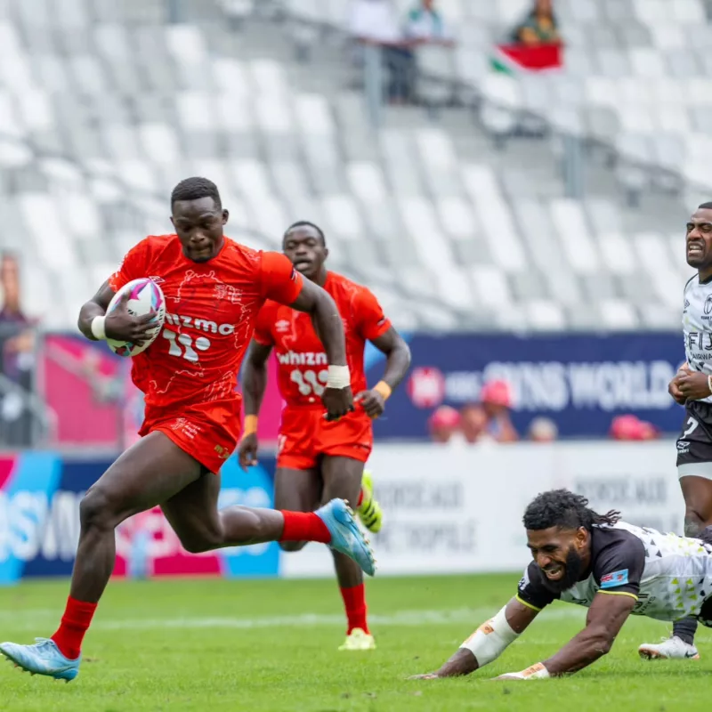 Kenya sevens forward Kevin Wekesa in action against Fiji during a past match