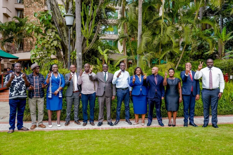 Gusii leaders posing for a photo after a closed-door meeting at Serena Hotel on Wednesday to plan the President's visit to the region.