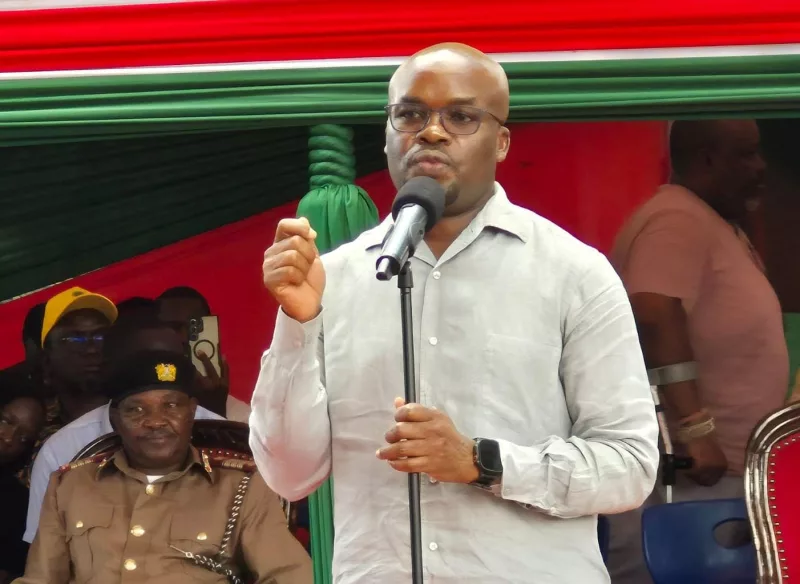 Interior Principal Secretary Raymond Omollo speaking during the commissioning Of Manyatta B Police Station in Kisumu East